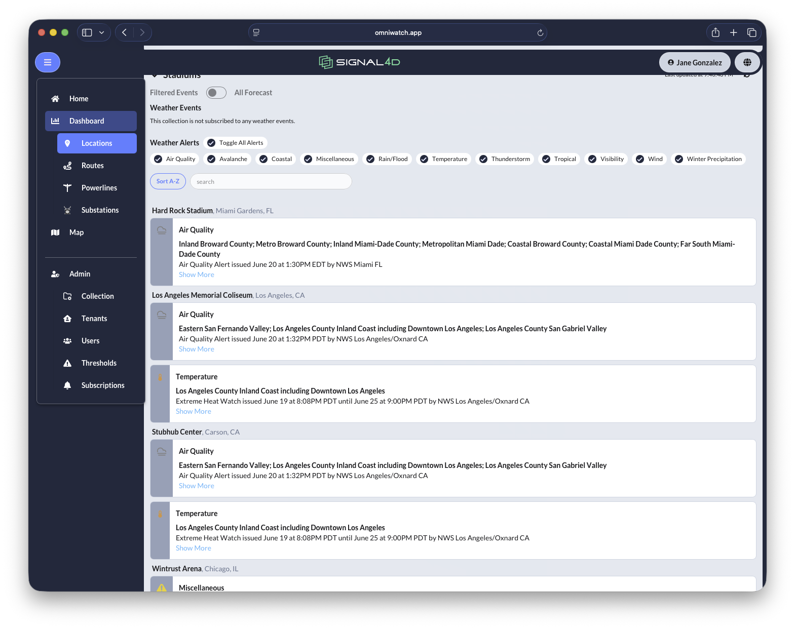 Weather-event subscriptions across monitored locations