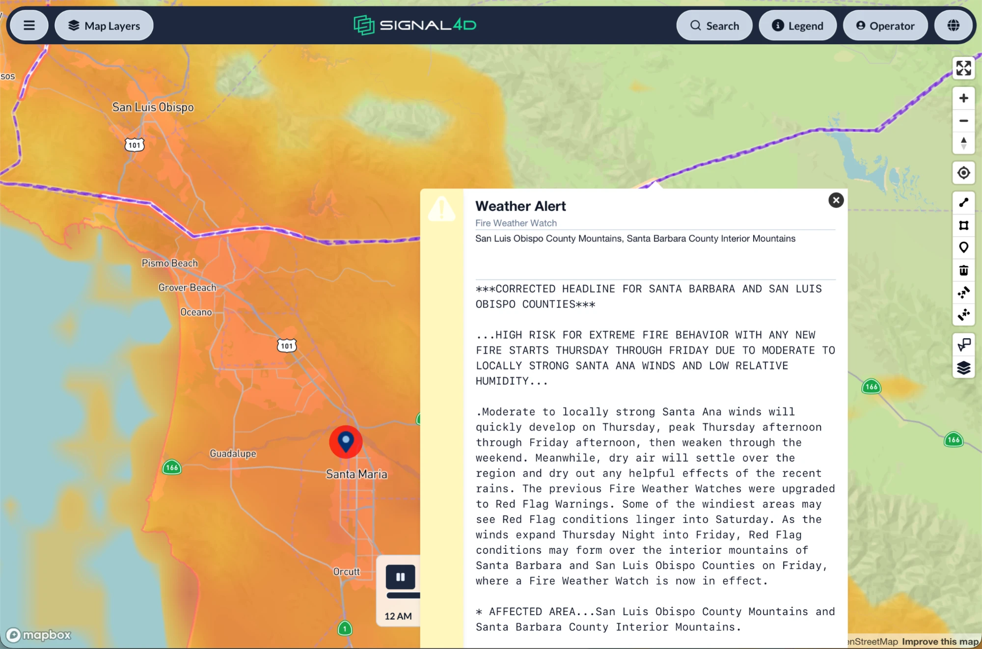 Data center site in Santa Maria, California with the power lines feeding the area under a Fire Weather Watch, over a forecast temperature layer