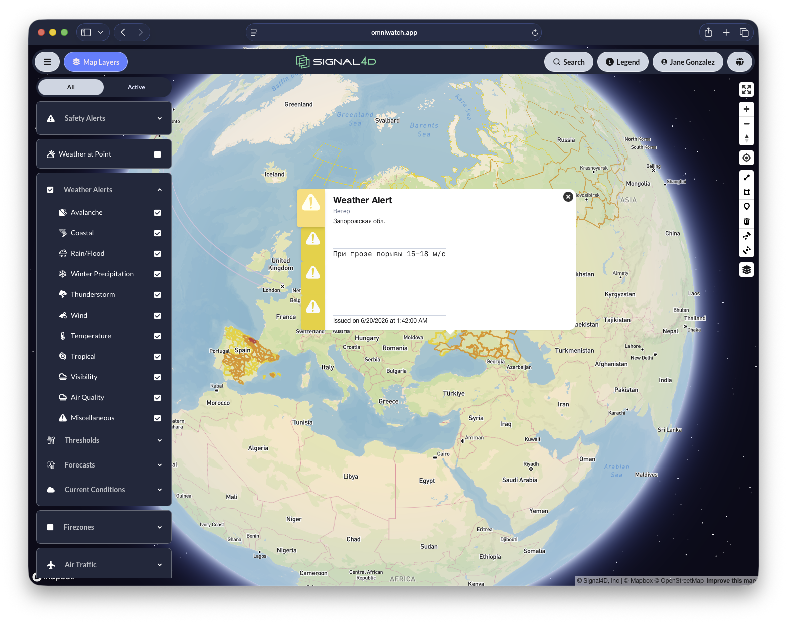 Live weather alerts on the interactive map