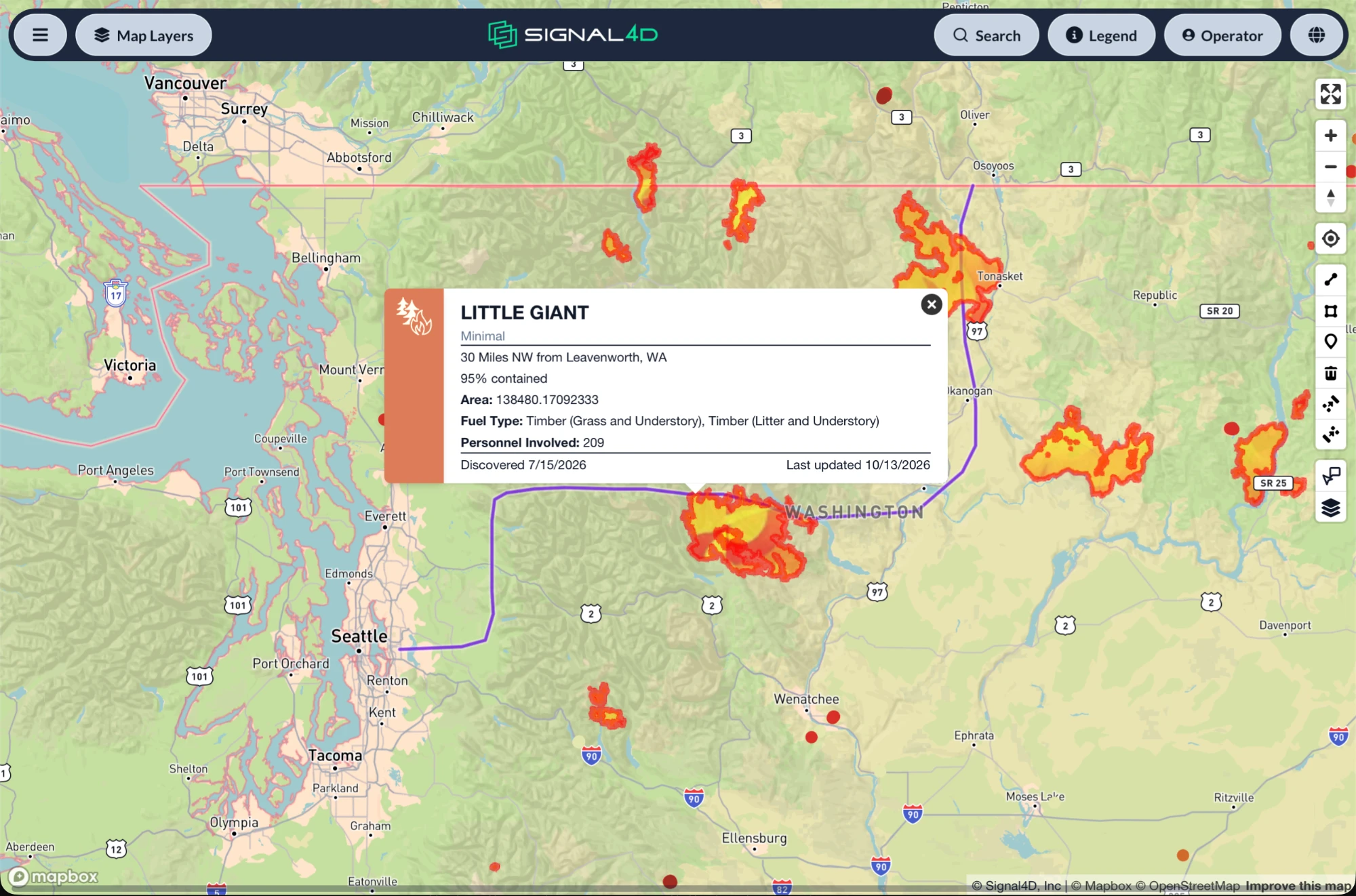 Pipeline route crossing the Little Giant wildfire in Washington, with incident details including containment, fuel type and personnel involved