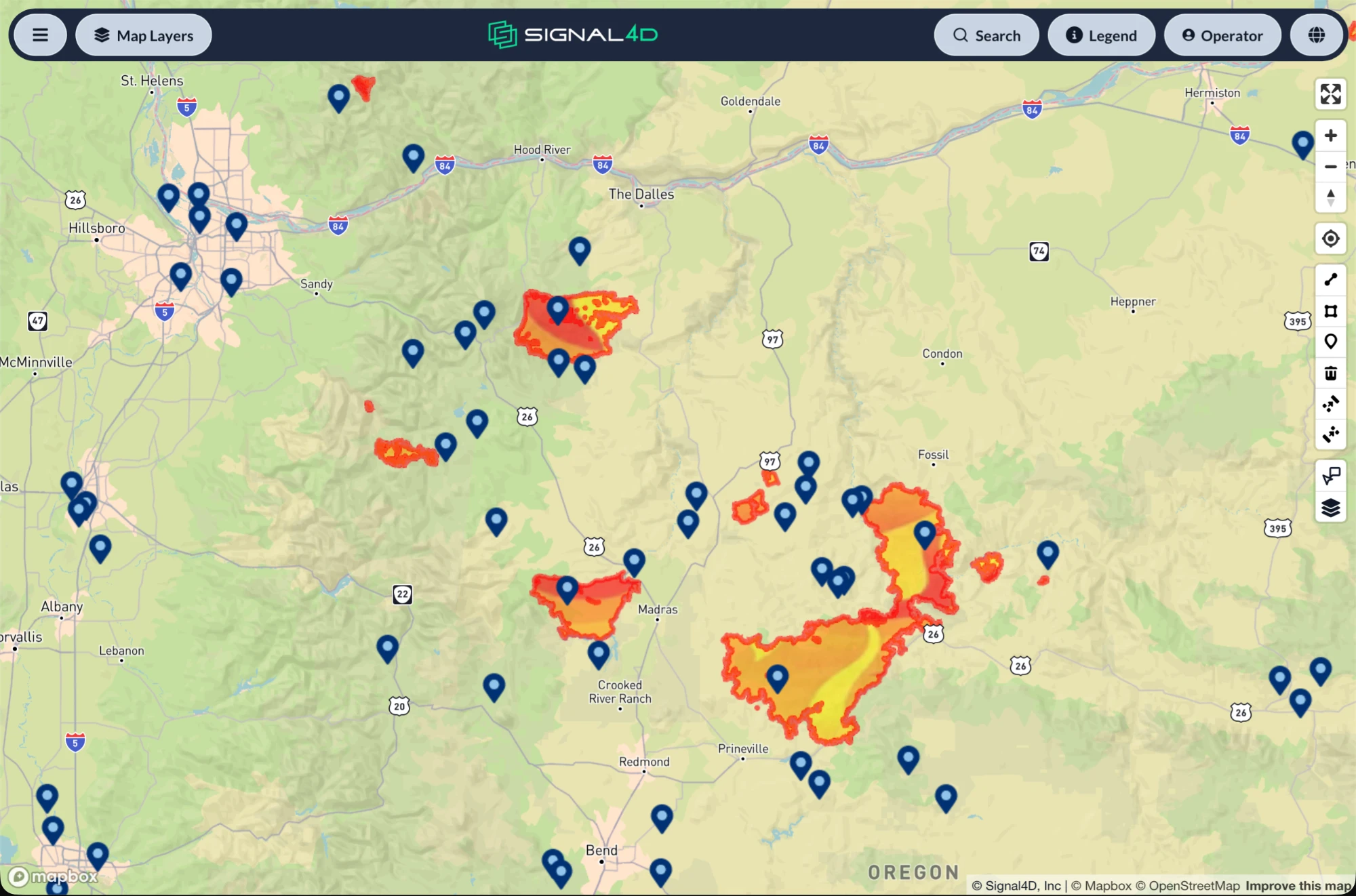 Tower sites across north-central Oregon near several active wildfires, including fires near Madras and Prineville