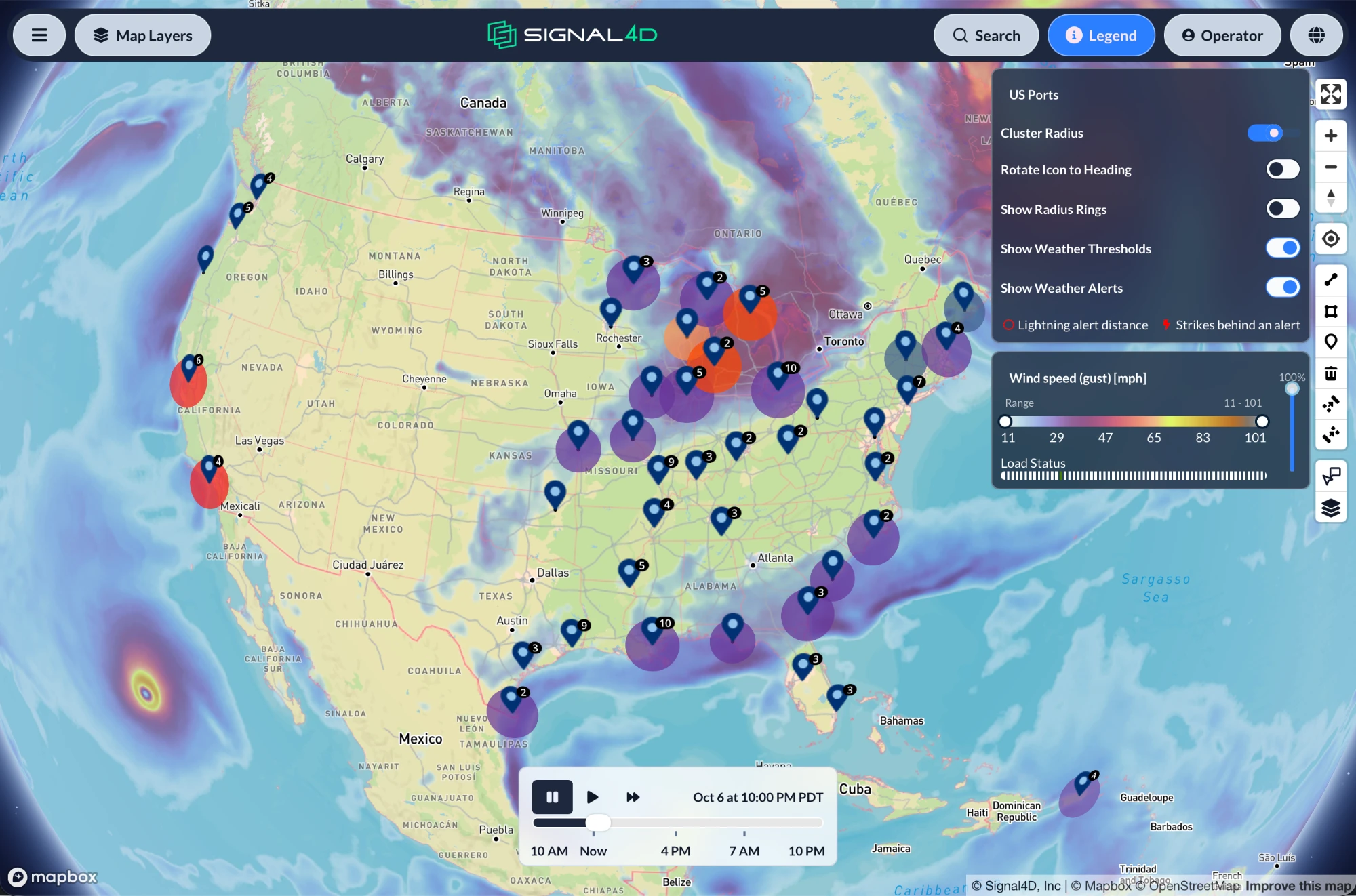 OmniWatch map of US ports with forecast wind gusts, weather thresholds and alerts